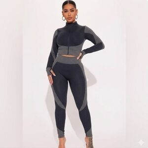 Stylish Navy Blue and White Two Piece Jacket & Leggings Set